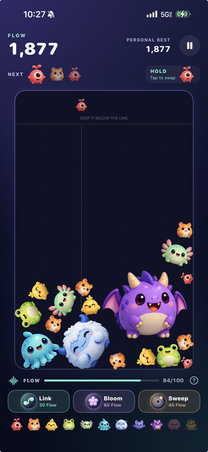BrainMerge Unity gameplay preview showing a creature-filled merge board, a Flow meter, and the Link, Bloom, and Sweep abilities.