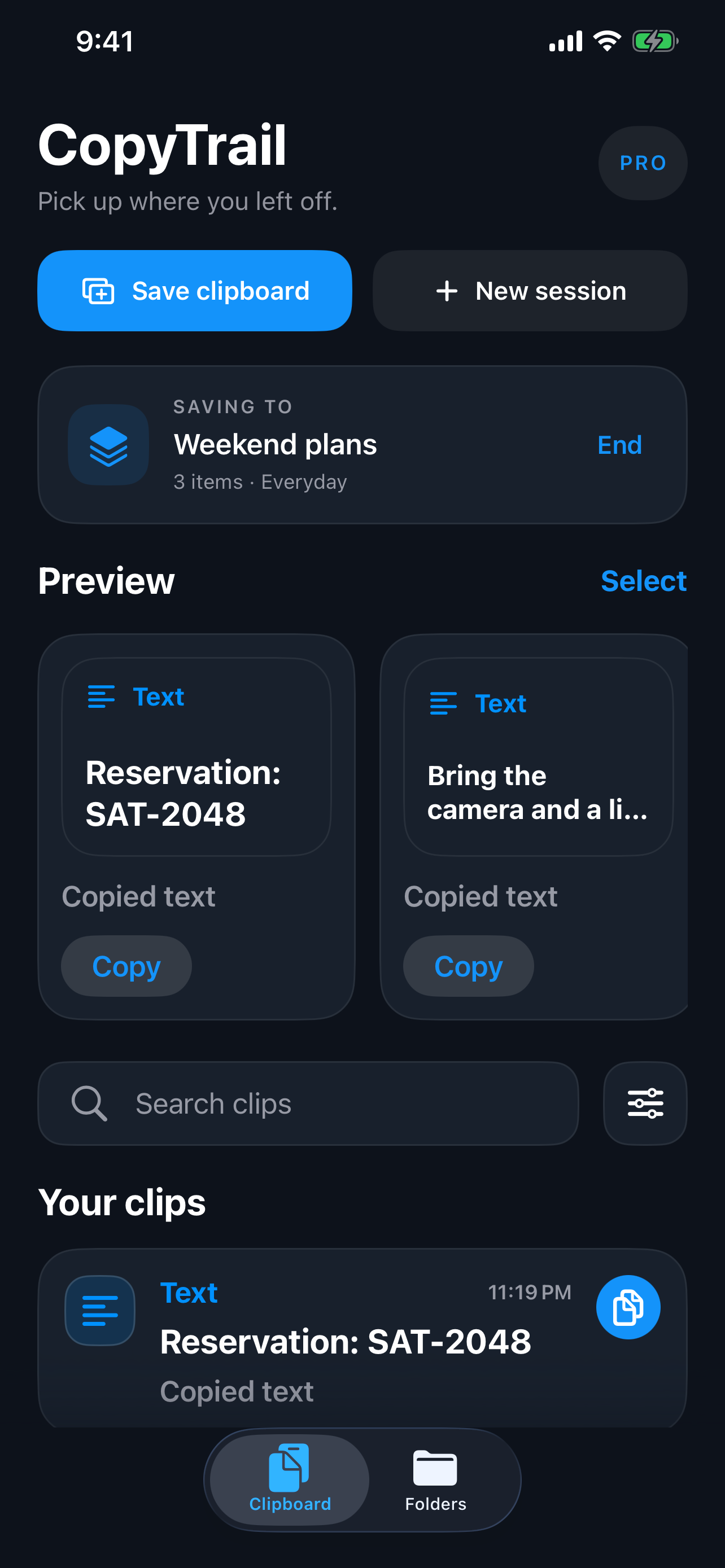 CopyTrail clipboard screen showing a save button, active session, searchable clips, and Clipboard and Folders tabs.